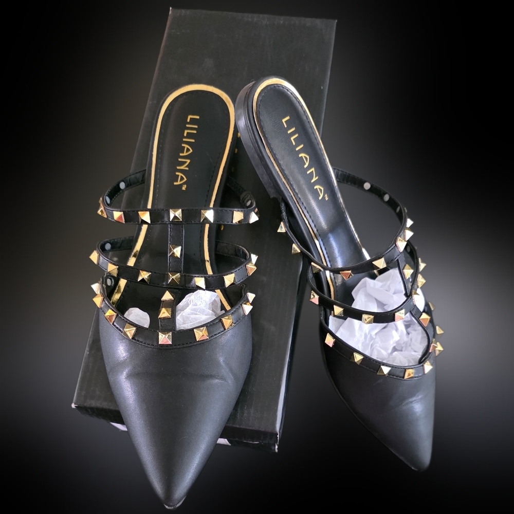 Liliana Black and Gold Studded Mules Size 10